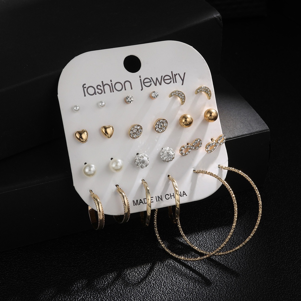 Anting Set 12 pasang Anting Tusuk Korea Hoop Bulan Sabit Infinity Permata Berlian untuk Wanita Dalika