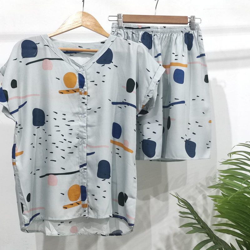 0PIYAMA KANCING PENDEK | PIYAMA BUSUI PENDEK | PIYAMA RAYON | BAJU TIDUR MURAH-KCB 9