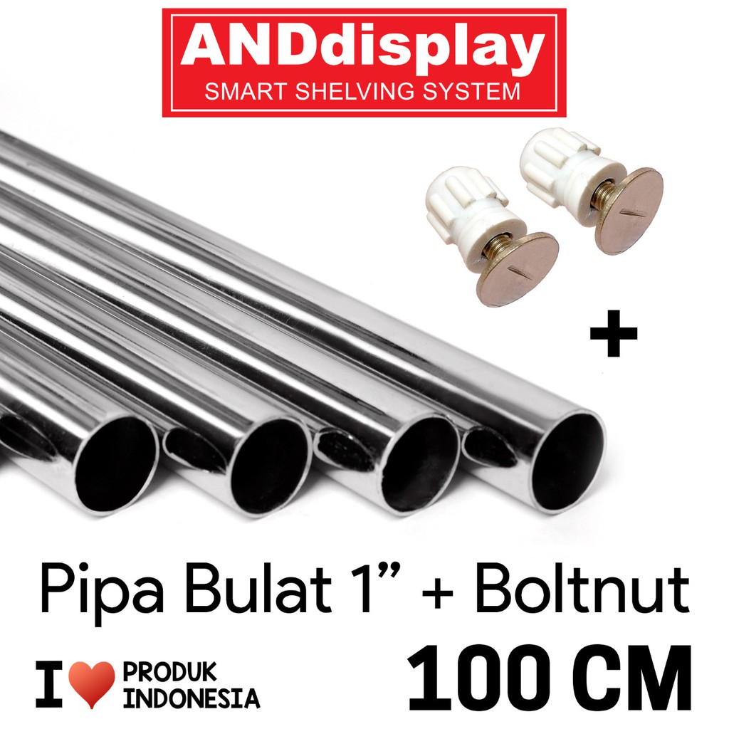 PIPA BULAT P.100CM + TUTUP PIPA BULAT BOLTNUT 1&quot; 25MM STAINLESS STEEL ANDDISPLAY