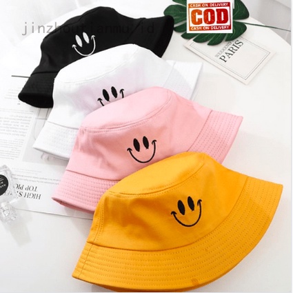 Bucket Hat Bordir Smile / Topi Bucket Smile Unisex Remaja Dewasa Korean Look