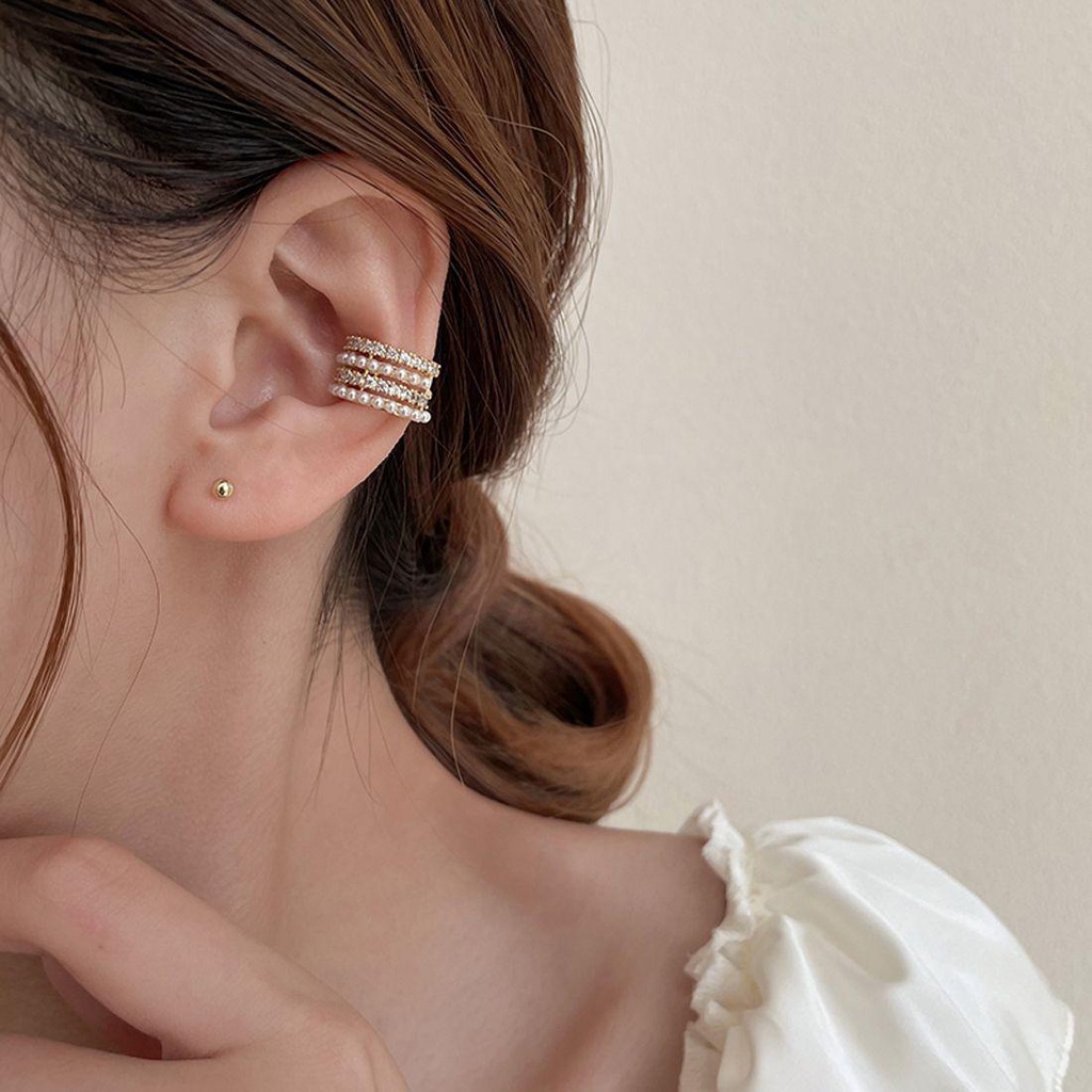 Needway   Mutiara Klip Telinga Fashion Minimalis Multilayer Tanpa Tindik Zirkon Ladies Ear Cuff