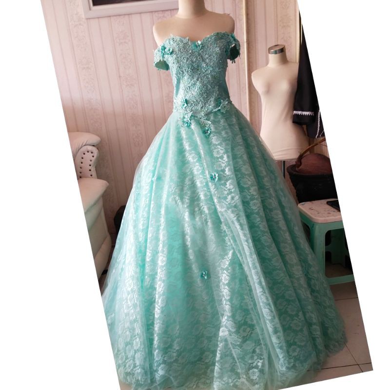 Gaun prewed Sabrina hijau tosca preloved / gaun prewedding second preloved