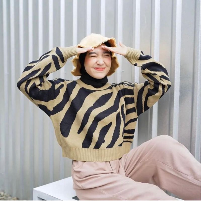 Zebra croope knite sweater rajut wanita murah