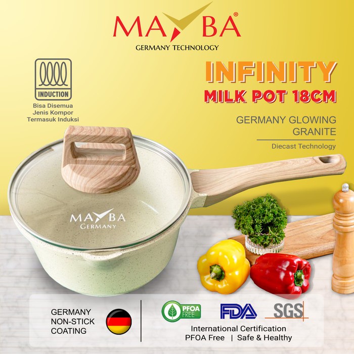 Panci Susu MAYBA Keramik Ceramic Milk Pot Mayba - PANCI SAUCE PAN INFINITY MAYBA GERMAN 18 CM Panci Susu Milkpan Set tutup kaca anti lengket Glowing granite Jerman