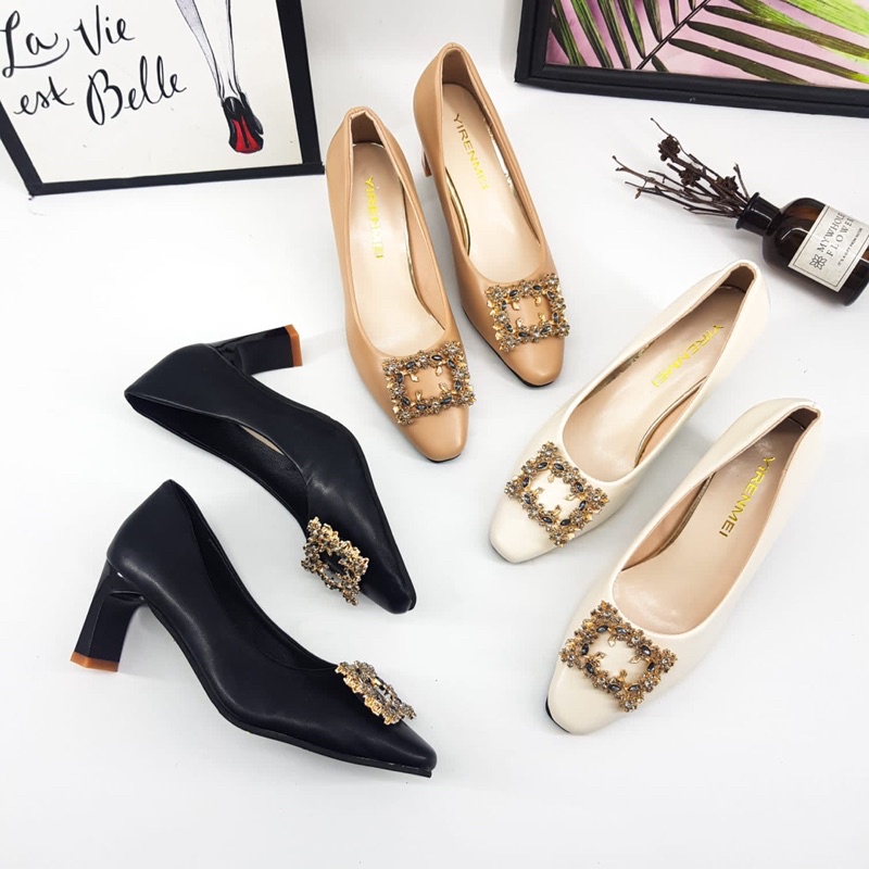 Chunky doff heels 6cm by Yirenmei diamond ring Import high quality fashion shoes sepatu wanita tumit