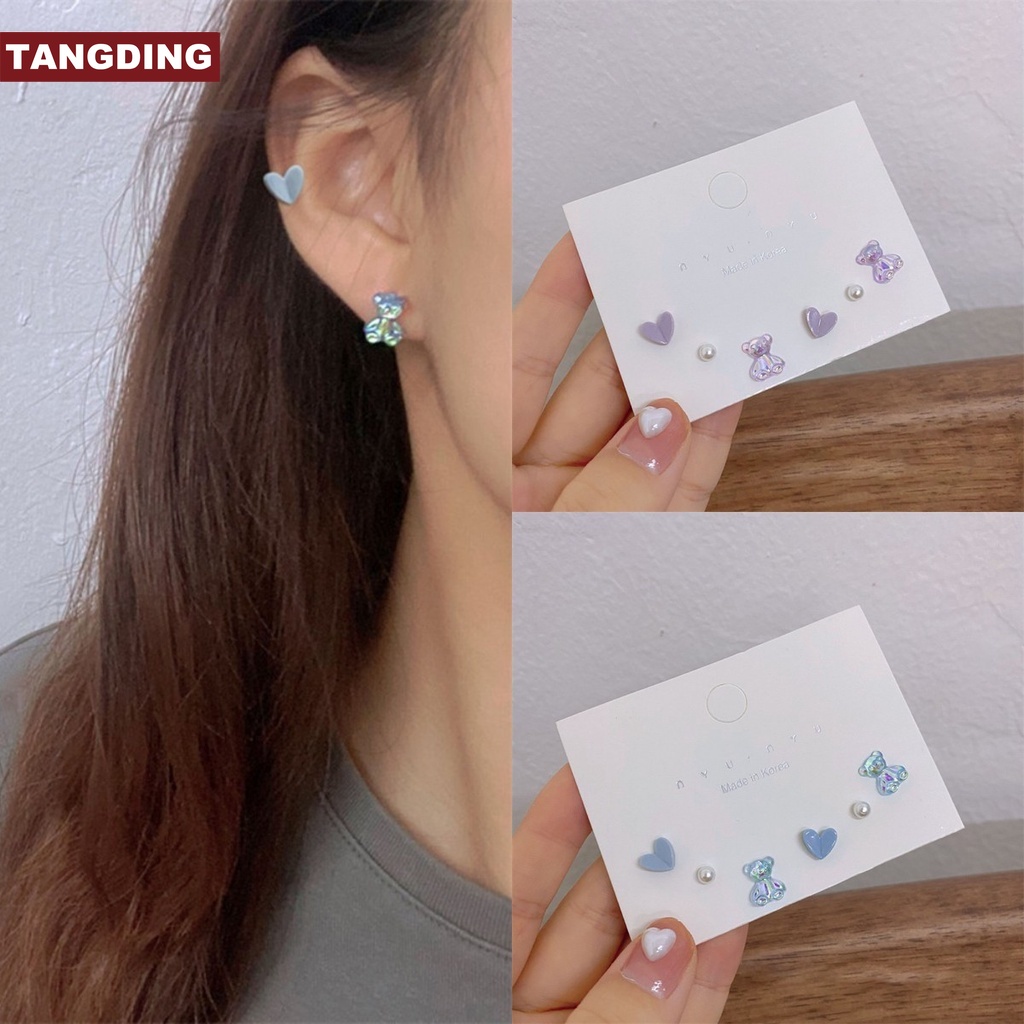 【COD Tangding】6pcs/set Aurora Bear Heart Stud Earrings with Colorful Summer INS Earstuds Fashion Accessories Jewelry