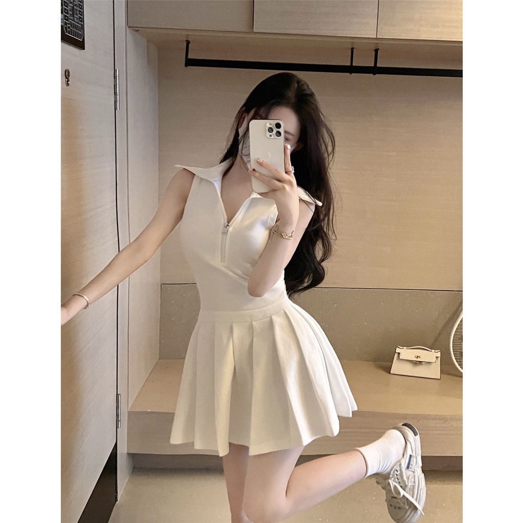 Mini Dress polo-neck gaun tanpa lengan wanita musim panas putih olahraga berkualitas tinggi pinggang