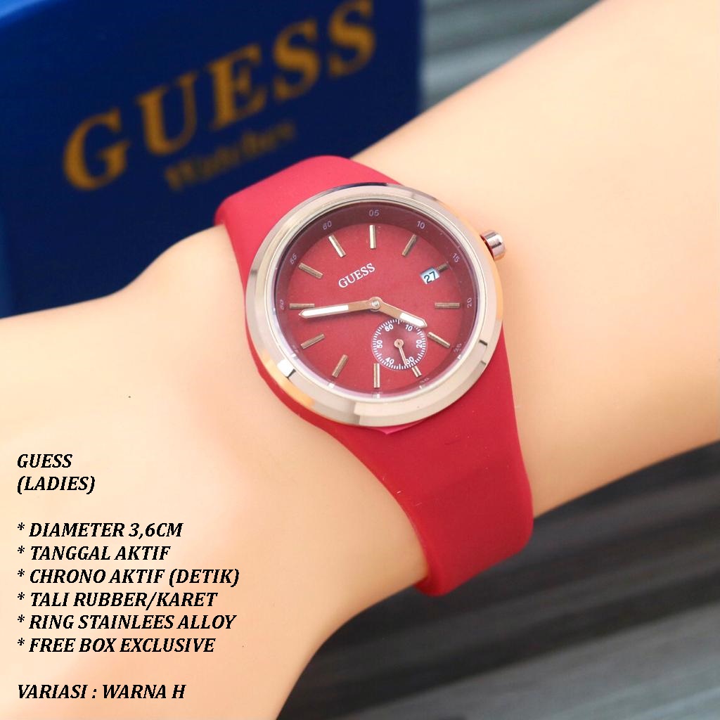 (FREE BOX) JAM TANGAN WANITA GUESS TALI RUBBER BODY BULAT TANGGAL &amp; CHRONO AKTIF