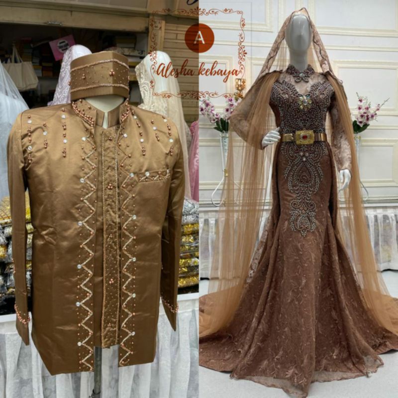 Gaun Pengantin Couple Full Mutiara/gaun pengantin duyung ekonomis