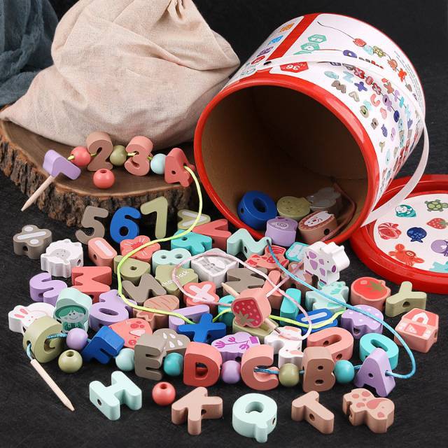 Mainan edukasi montessori kayu merangkai string 80pc beads