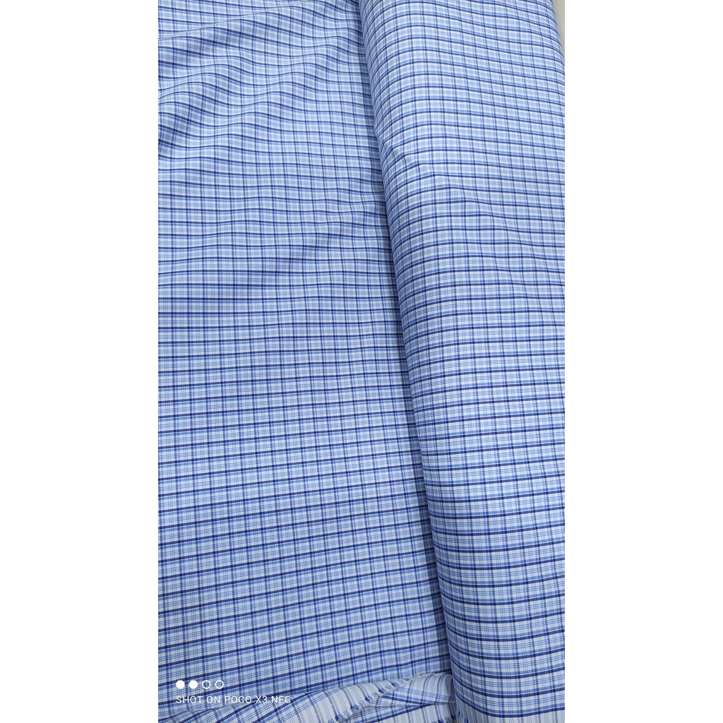 Kain Kemeja Hem Kotak Checkered Office Wear Wrinkle Free Poly Cotton Biru