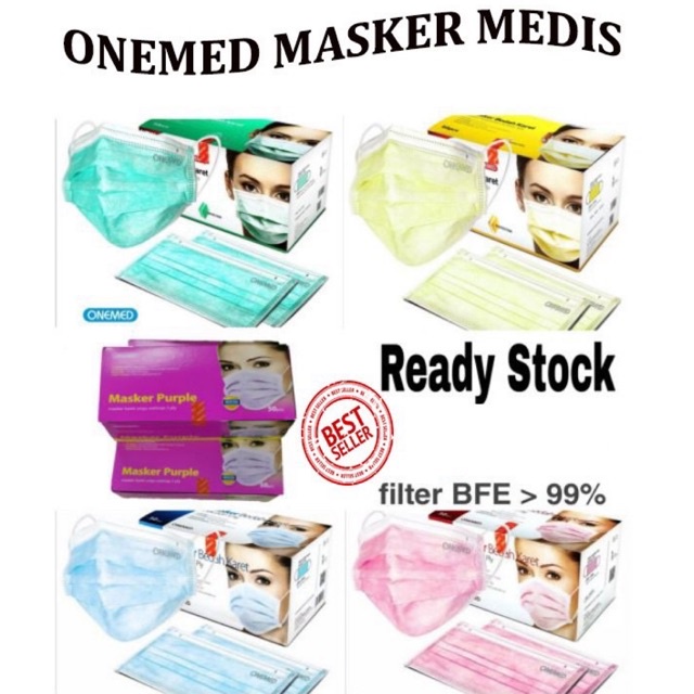 Masker Karet Onemed One Med Medis Bedah Earloop 3 Ply Pink Hijau Surgical Mask