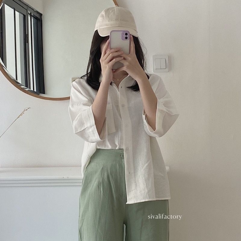 KEMEJA LINEN SINGEL POCKET - OVERSIZED SHIRT LINEN- ATASAN WANITA CASUAL