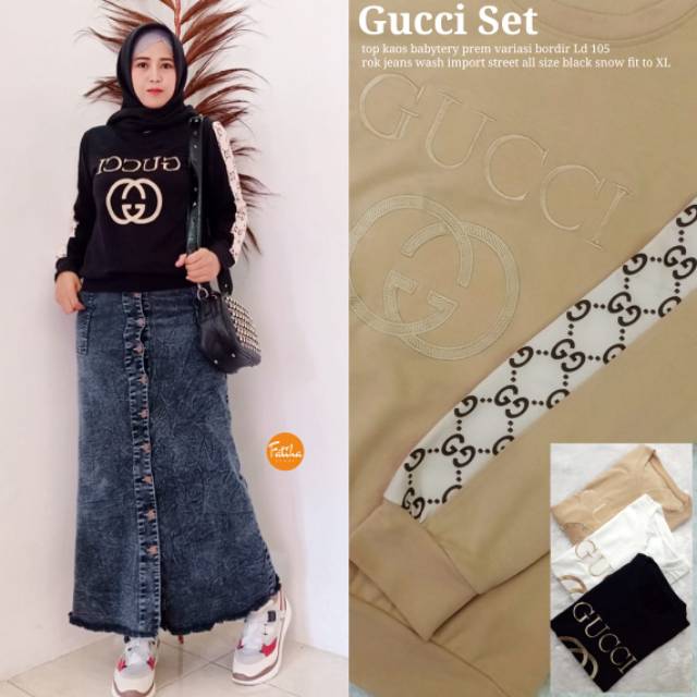 Gucci set bahan kaos babyterry-rok jeans wash import by fatiha