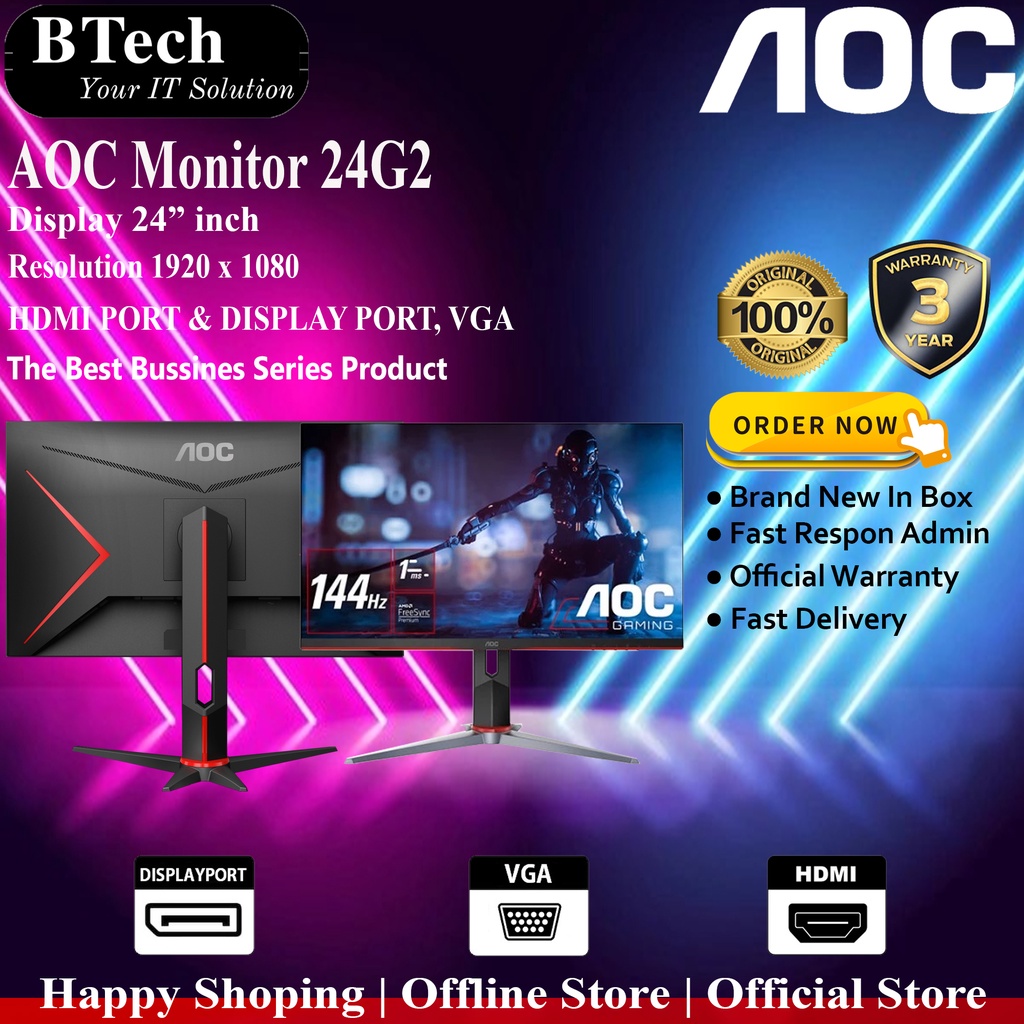Monitor AOC 24G2 24" FHD 144Hz/1ms/HDMI/VGA/DP/3Yr