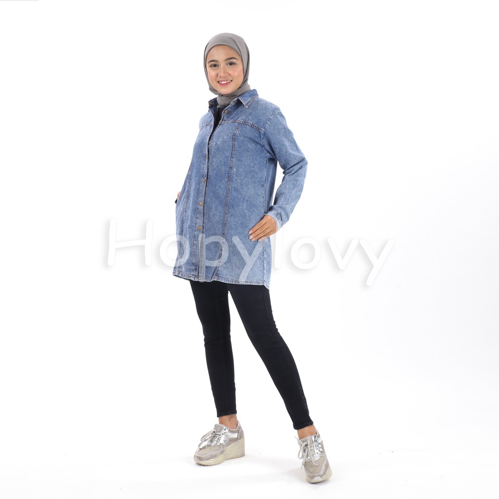 HOPYLOVY - Tunik Lengan Panjang Wanita Bahan Jeans Azkia