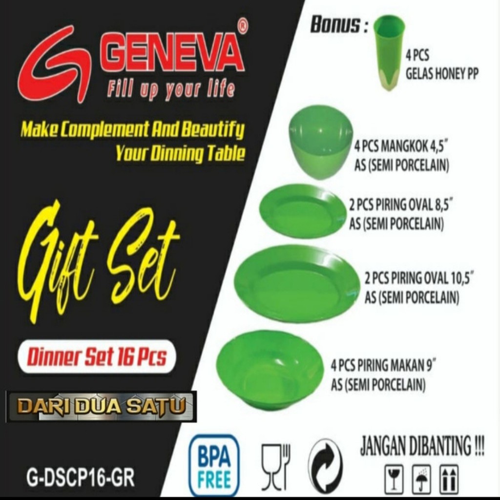 Peralatan Makan Dinner Set 16 pcs Piring Mangkok Gelas (AS) Semi Melamine GENEVA