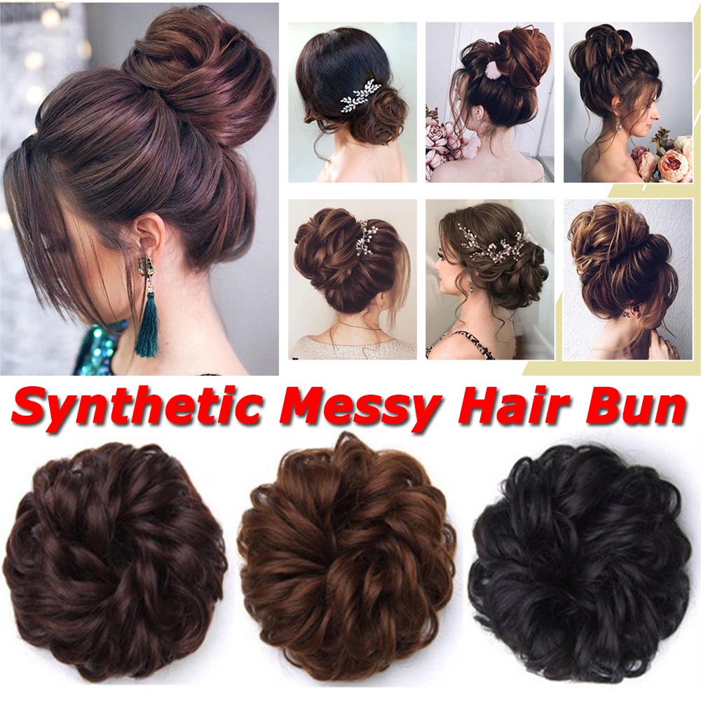 Mxbeauty Wig / Rambut Palsu Wanita Model Bun Keriting Messy Warna Hitam / Coklat Bahan Sintetis