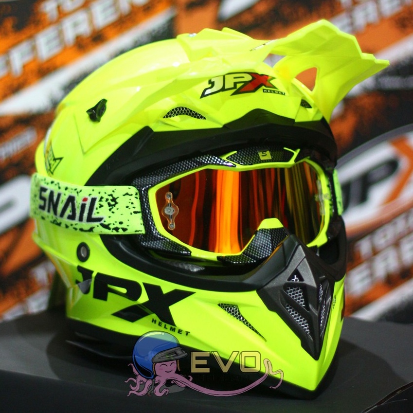 HELM JPX CROSS_SOLID - FLUO YELLOW GLOSS / BLACK + GOOGLE SNAIL (ONGKIR 2 KG) HELM JPX TERBARU