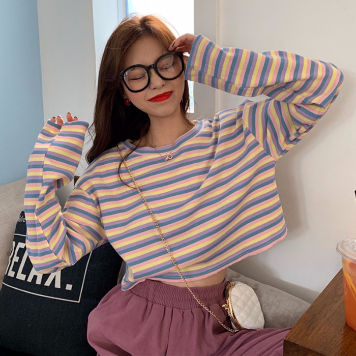  Kaos  Lengan  Panjang  Longgar Wanita  Stripe atasan korea 