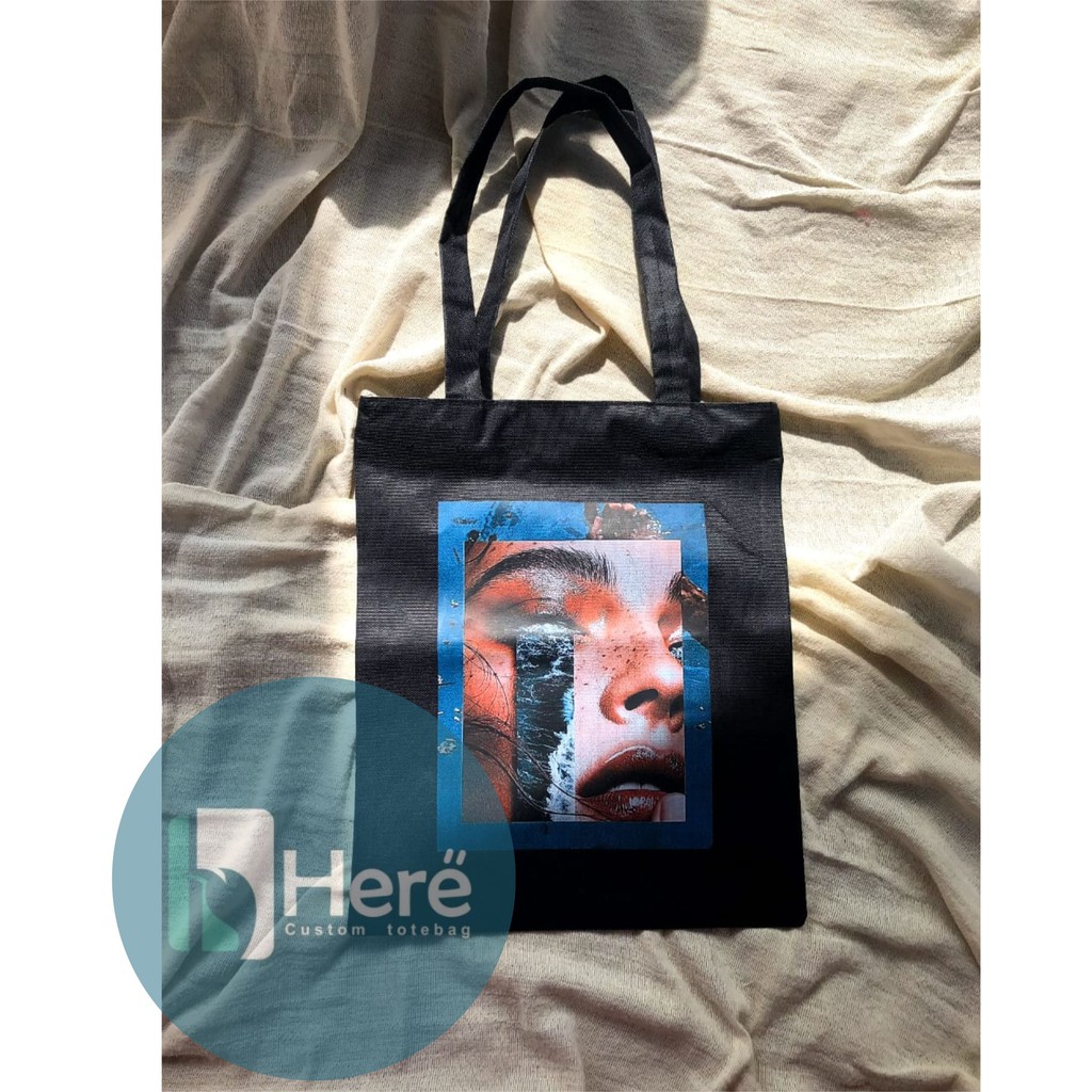 Custom Tote bag/Totebag Bahan kanvas warna hitam 30 x40