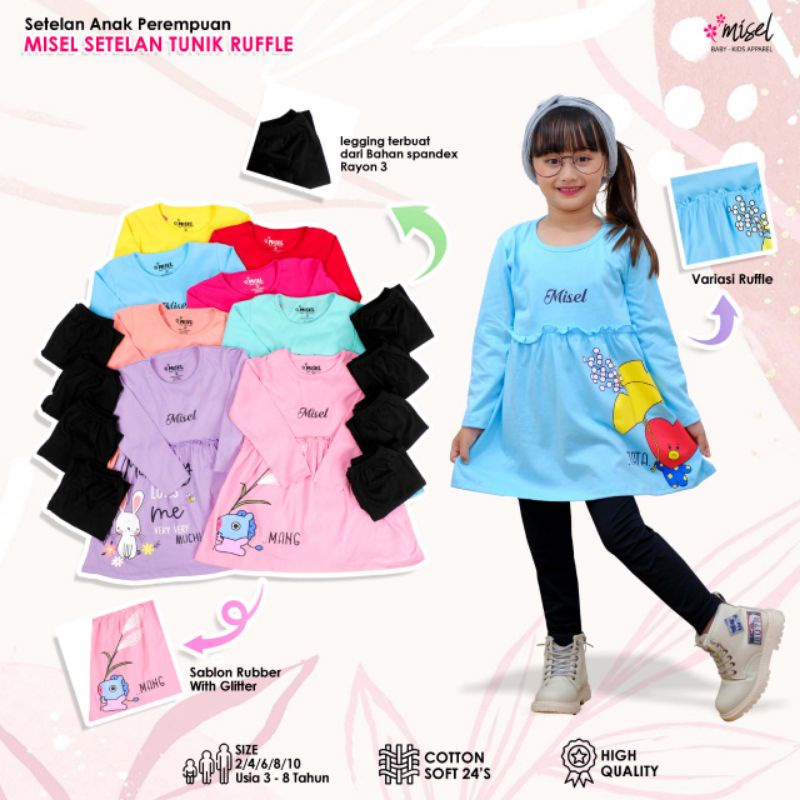 MISEL setelan Tunik Ruffle LEGGING Setelan Anak Perempuan 2-8 Tahun Setelan Baju dan Legging