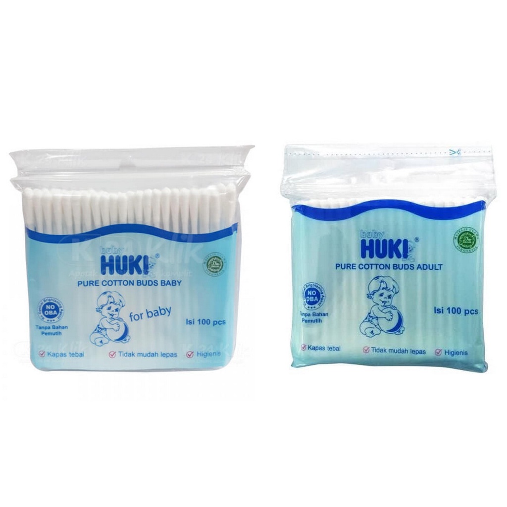 HUKI Pure Cotton Buds Zak Isi 100 For Baby &amp; Adult - Korek Kuping Bayi Dan Dewasa