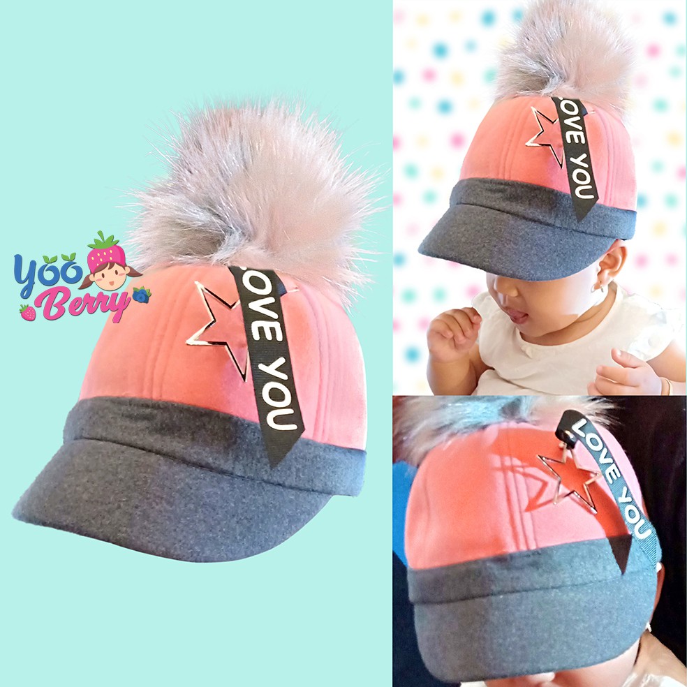 YooBerry Topi Impor Anak Love You Star Pom Pom Lucu Berry Mart