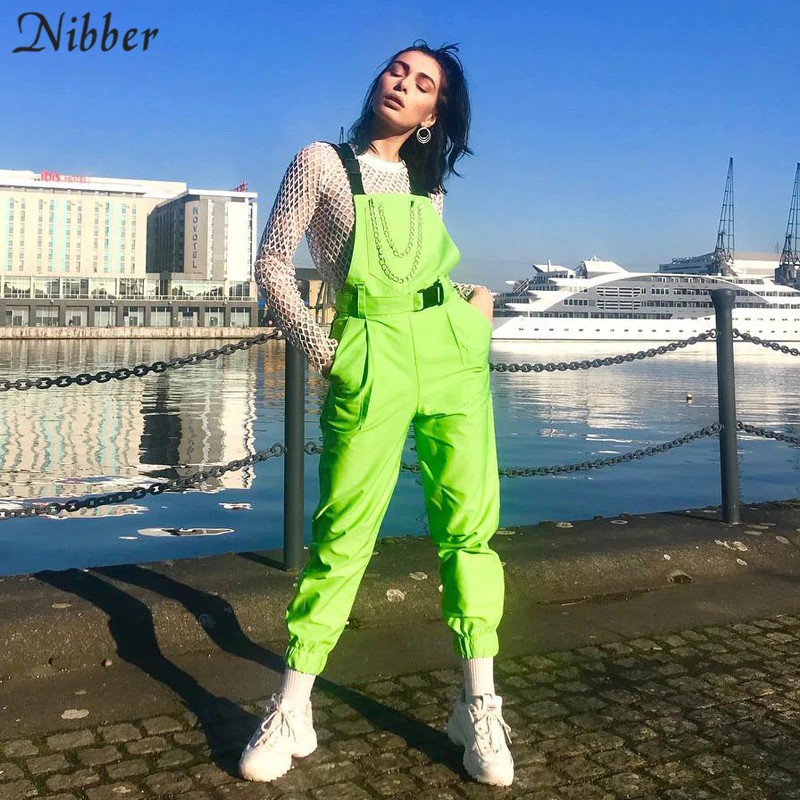 INDORETAIL | Nibber Neon Hijau Bib Celana Pendek Wanita Street Hitam Santai Celana Playsuits 2019
