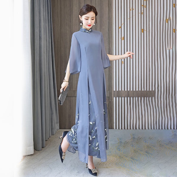 2021 summer new Chinese style improved cheongsam retro mother's printed lace stand collar slim dress