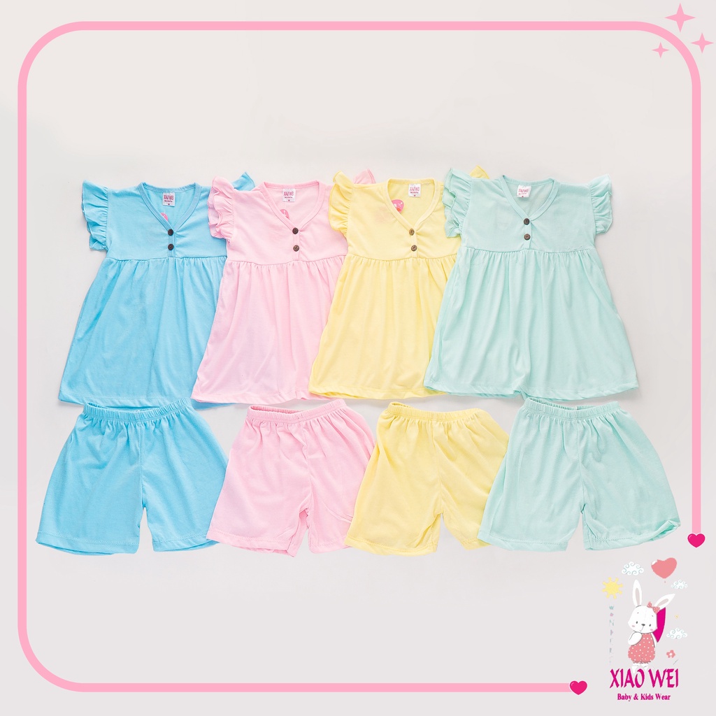 Dress Ruffle Set Kancing Anak Perempuan/ Setelan Anak - Anak / Setelan Bayi Permepuan 0 - 4 Tahun