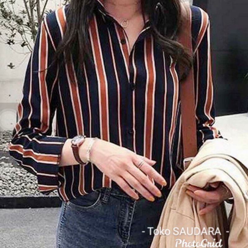 Kemeja formal panjang  wanita salur rainbow bahan stretch