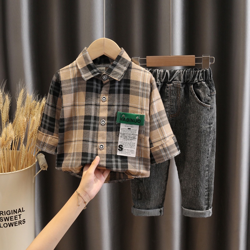 Setelan Kemeja Lengan Panjang Anak Laki Laki Celana Jeans Import Premium Quality