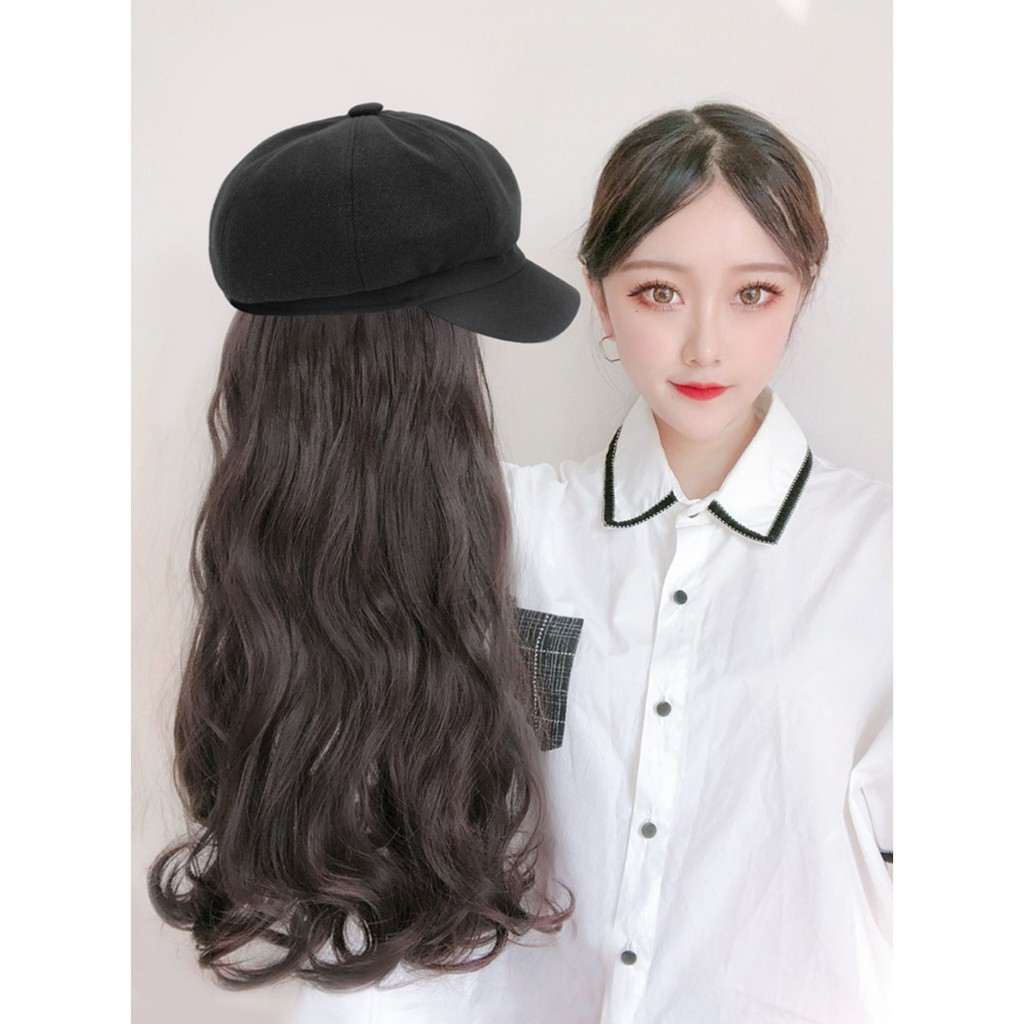 HTO wig topi octagonal baret beret panjang wig hat rambut palsu hair extension