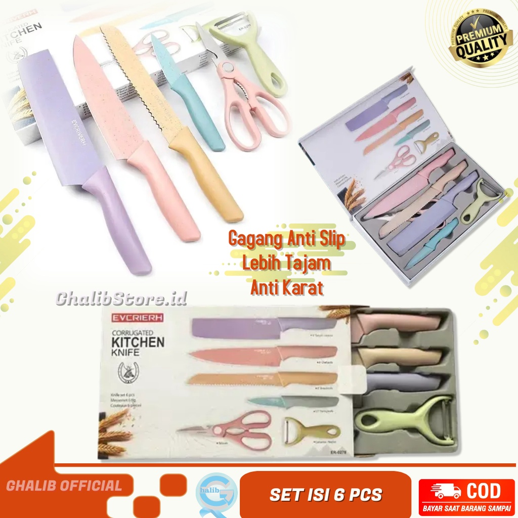 Pisau Set 6 in1 Stainless Kitchen Knife Set Anti Lengket Pisau Ceramic Warna Pastel