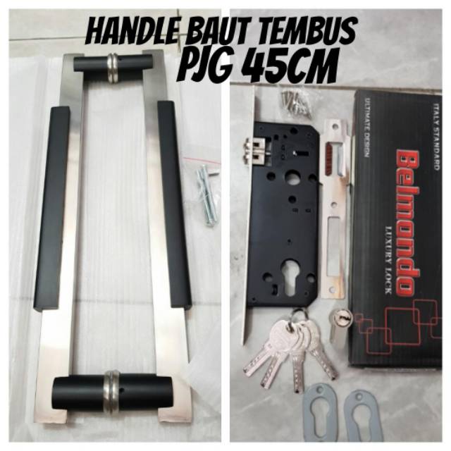 Paket handle pintu stainless baut tembus 45cm + body pelor