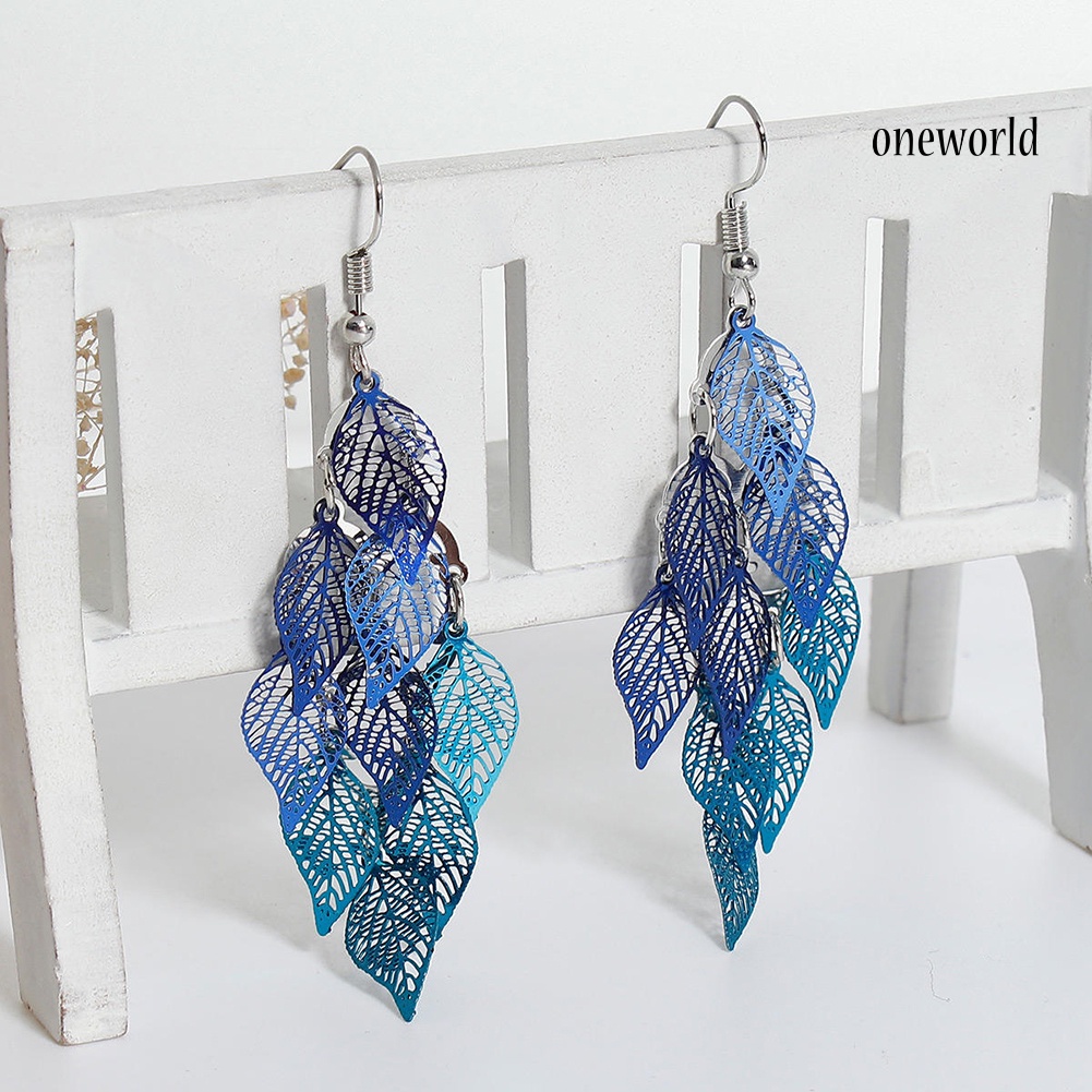 OW@ Lady Colorful Multi Layers Hollow Leaf Elegant Hook Earrings Jewelry Decor