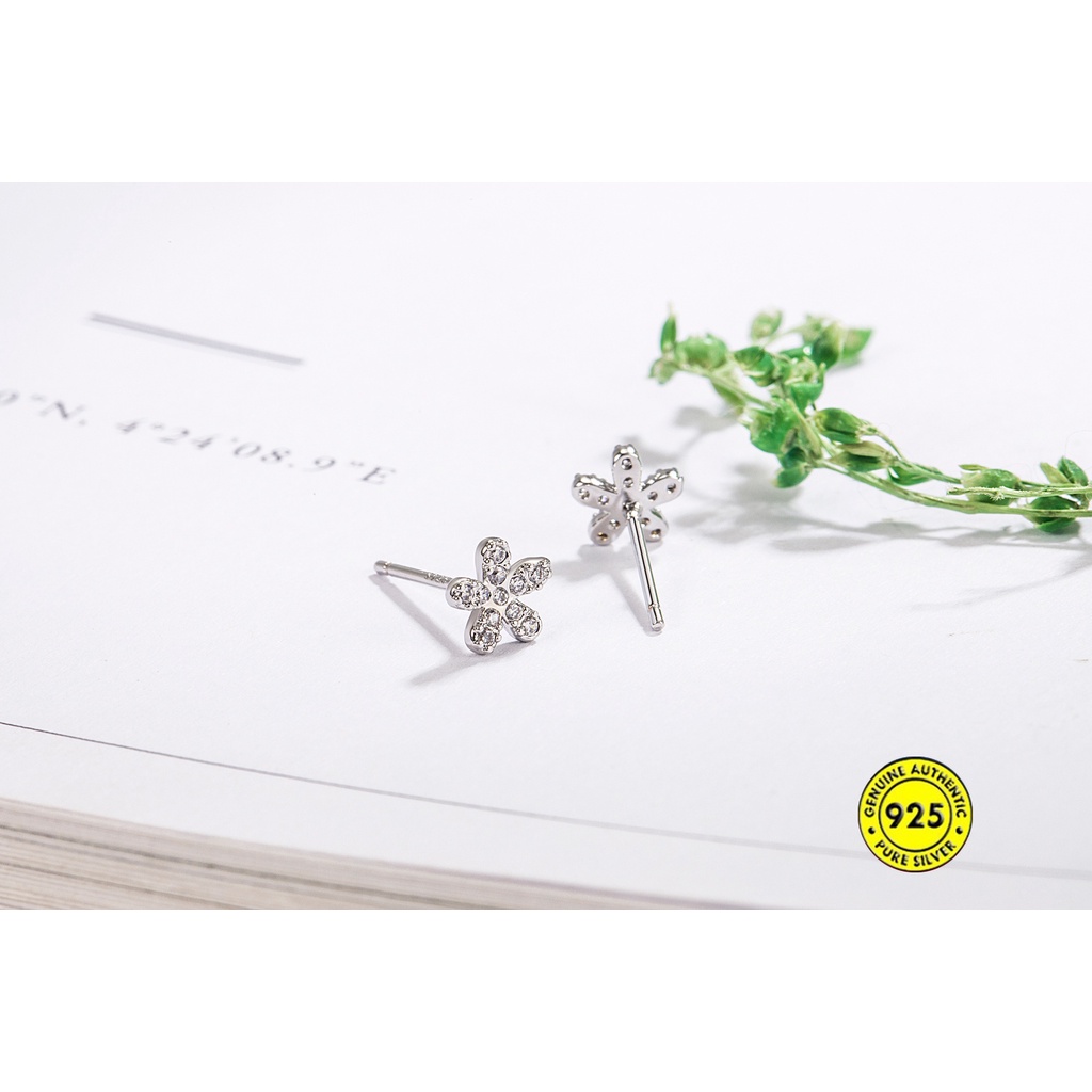 Anting Tusuk Sterling Silver 925 Desain Bunga Hias Berlian Imitasi Untuk Wanita