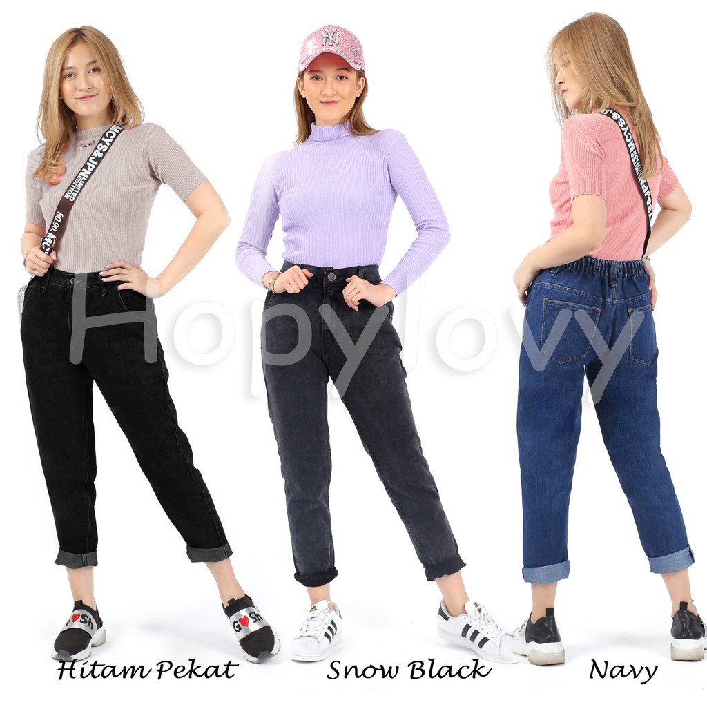 HOPYLOVY Celana  Boyfriend  Jeans Wanita Belakang Karet 