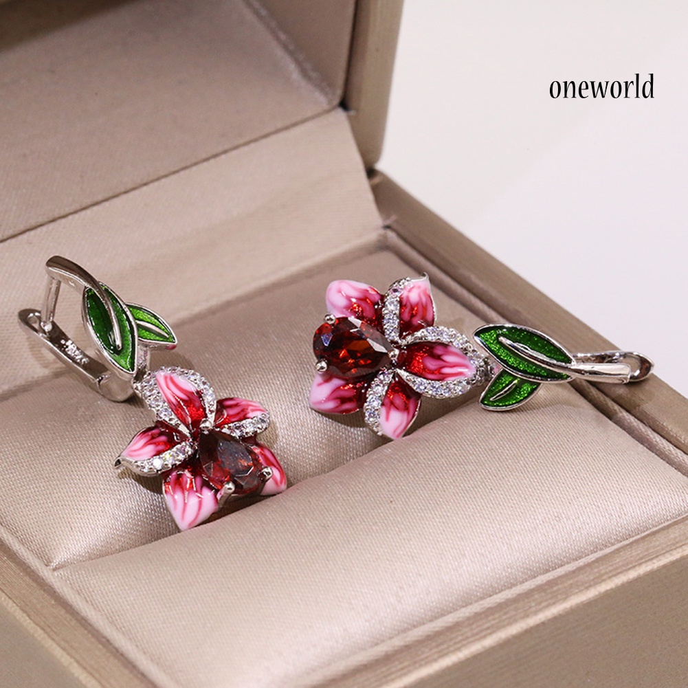 OW@ Fashion Women Enamel Leaf Flower Pendant Rhinestone Inlaid Leverback Earrings