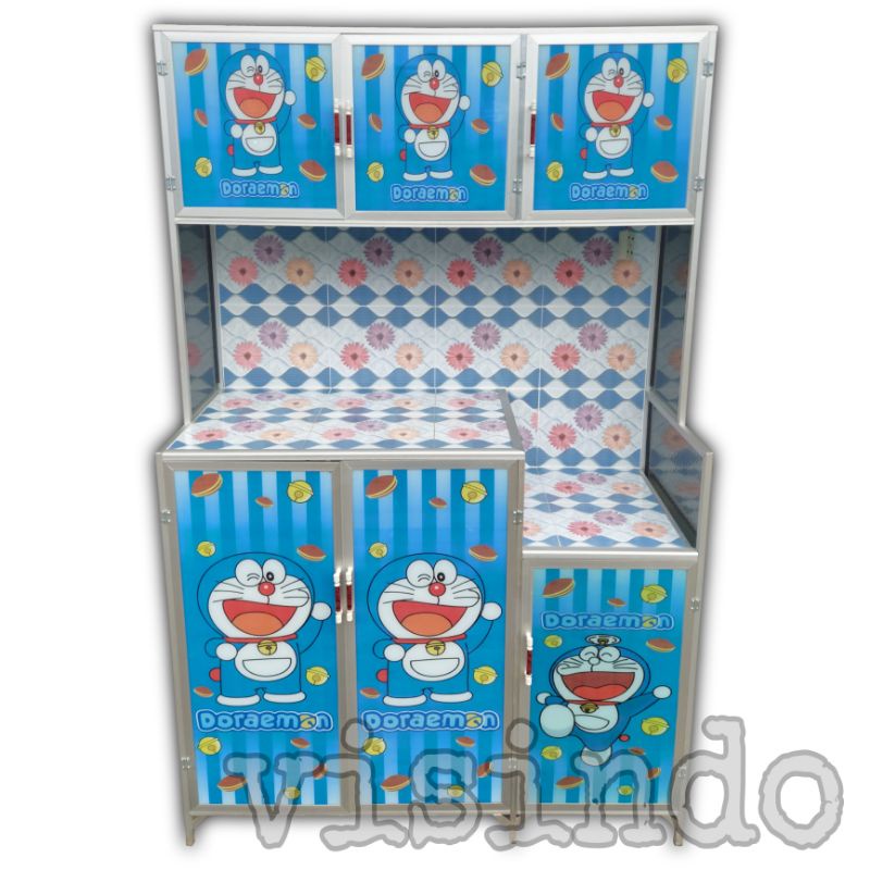 RAK PIRING ALUMINIUM KERAMIK  3 PINTU LEGOK KACA LUKIS KARAKTER DORAEMON