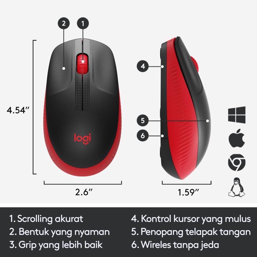 Logitech M190 RED Mouse Wireless Full Size untuk Windows, Mac, Chrome OS &amp; Linux MERAH