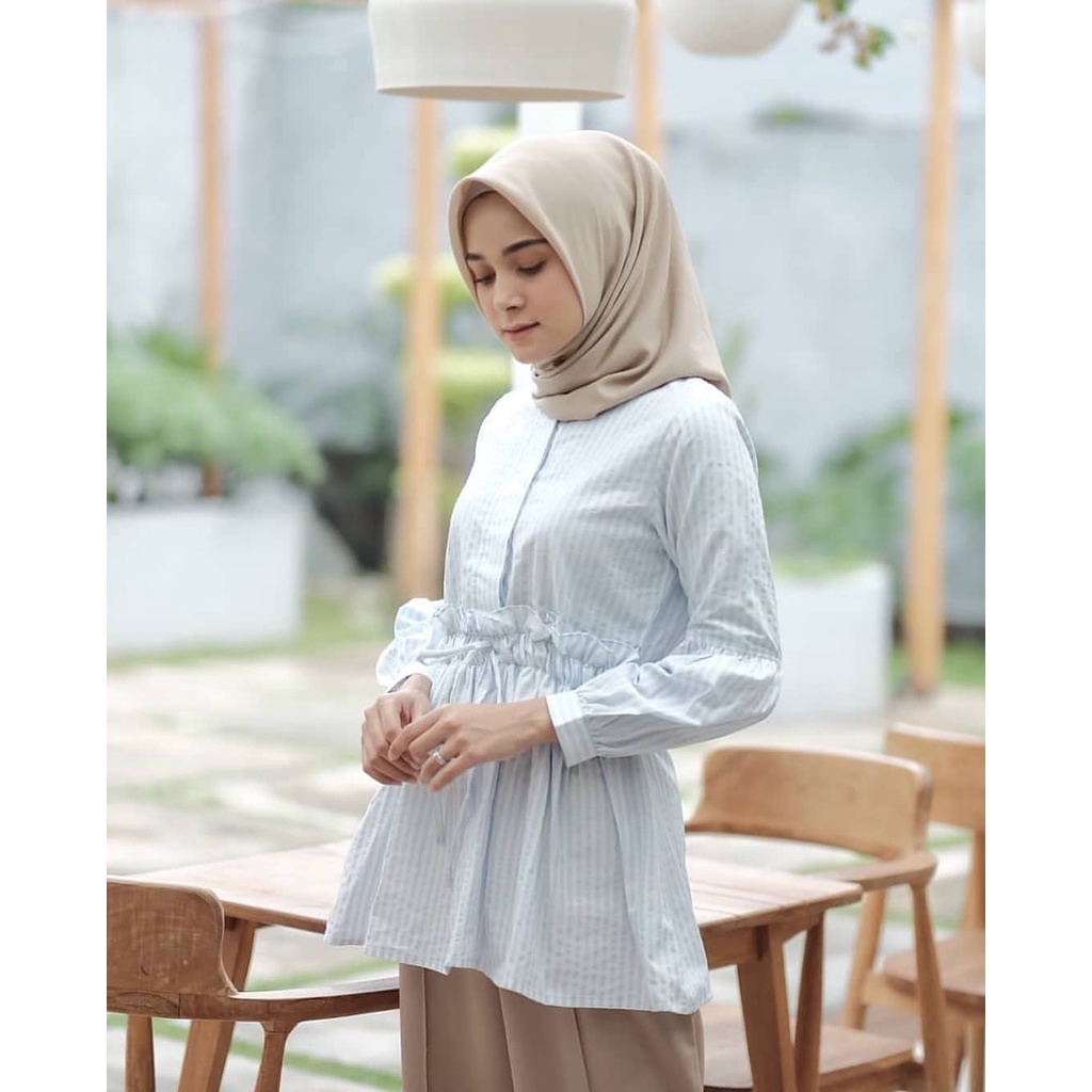 Baju Atasan Wanita Jumbo Lengan Panjang Erafa Blouse Bahan Katun Salur  Kemeja Wanita Pakaian Wanita Korean Style Blouse Pinggang Karet Meral