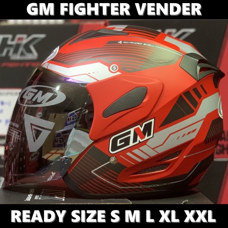Helm GM Fighter Vender Red Doff Silver Merah Dop Abu Half Face Single Visor - Helem Motor SNI DOT To