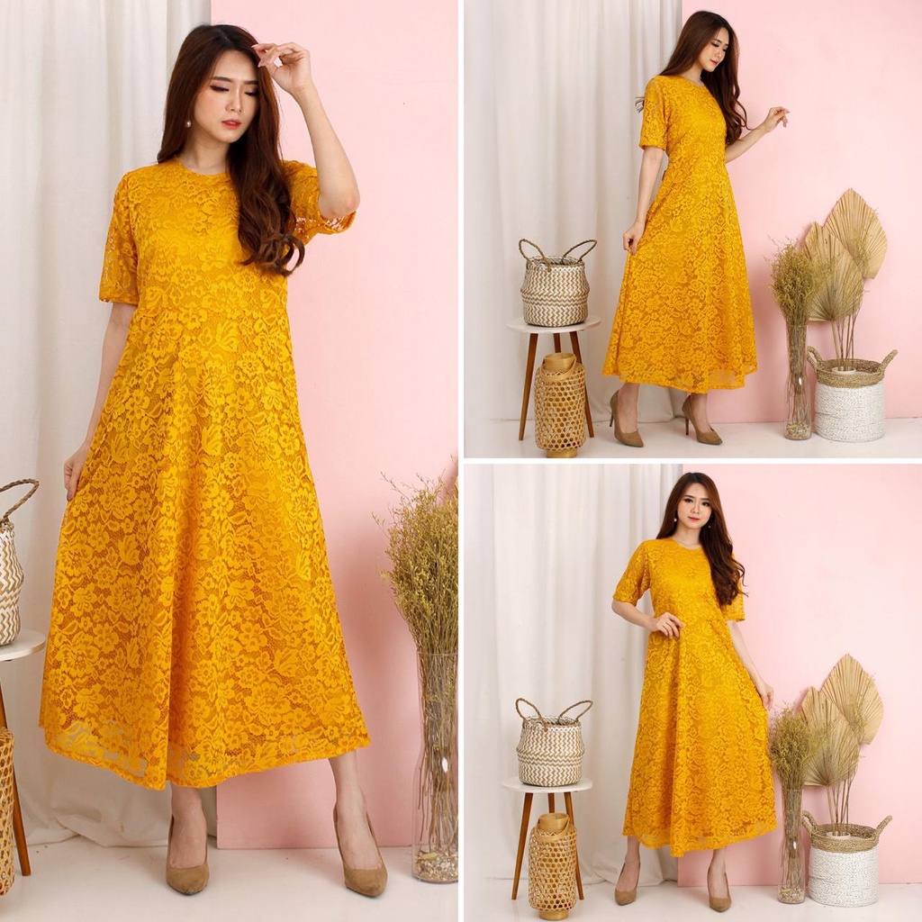 LONG DRESS YOONA BRUKAT CORNELI TULANG BROKAT CORD TIMBUL DRES PESTA NATAL 7 WARNA