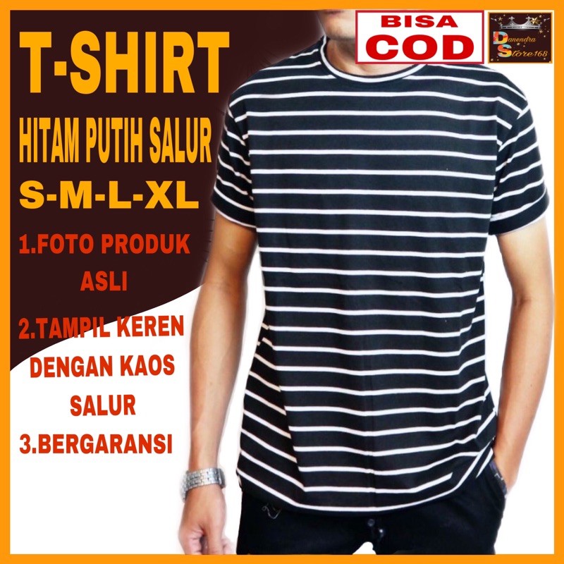 Kaos Stripe Medium Belang Salur Atasan Hitam putih Pria Cowok