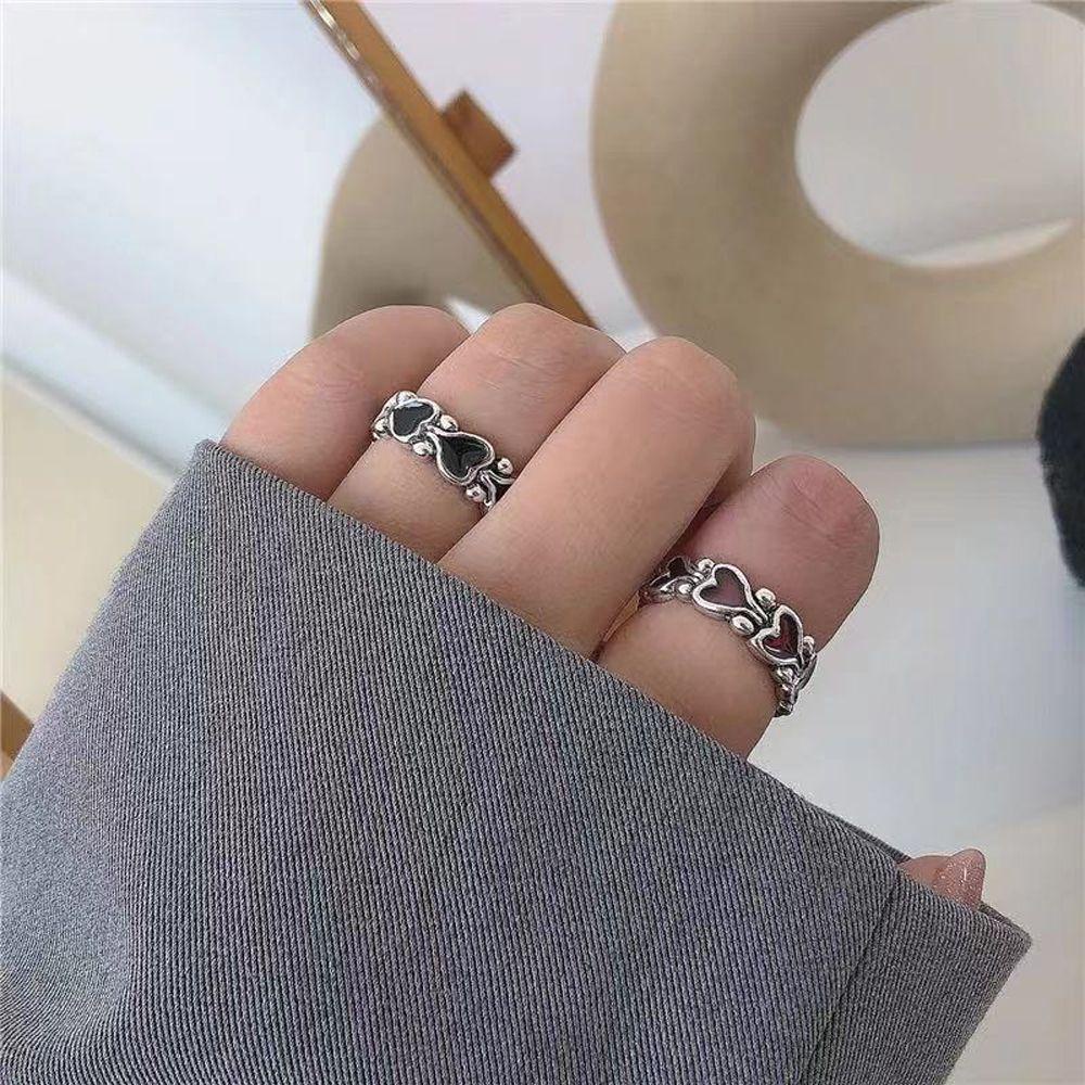 Mxbeauty Hati Dapat Ditumpuk Cincin Punk Elegan Retro Perhiasan Hadiah Geometris Yang Dapat Disesuaikan Terbuka Cincin Jari Telunjuk Gadis Hati Rantai Cincin