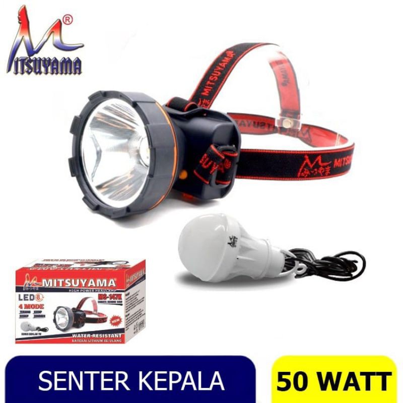 Senter kepala mitsuyama Ms-147k Ms-147P 50watt cahaya kuning dan PUtih Water Resistant murah berkualitas Headlamp Free Bohlam 7WATT (BONUS) GRATIS