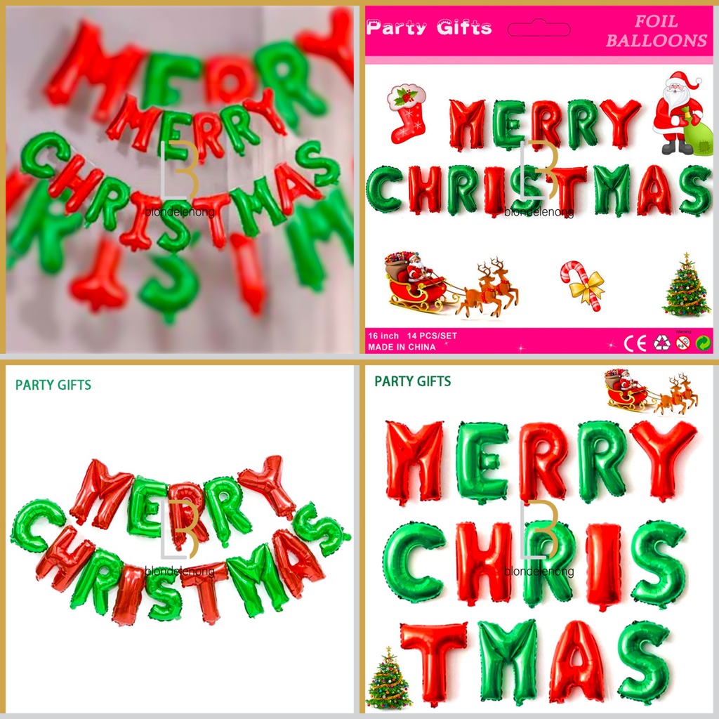 Balon Foil Dekorasi Dekor Topper Garland Garlan  Spanduk Banner Merry Christmas Christmast Baloon Decoration Cafe Kafe Aksesoris Asesoris Pesta Selamat Hari Natal Huruf Metalic Metalik Gantung Dinding 1 Set Murah 16 Inch 14 Pcs 40 Cm