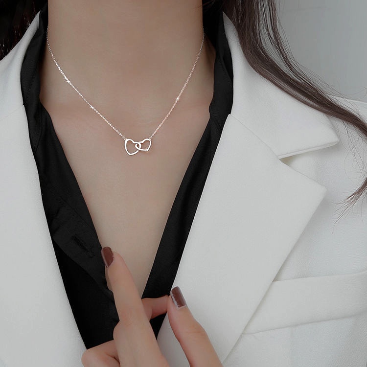 Kalung Rantai Choker Liontin Hati Ganda Bahan S925 Silver Gold Gaya Korea Untuk Wanita